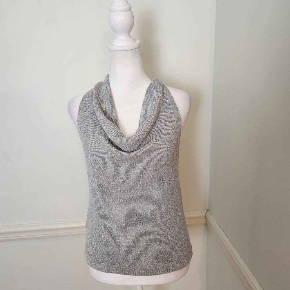 New Mango MNG Sweater Vest Medium Womens Silver Metallic Cowl Neck Fairy Grunge